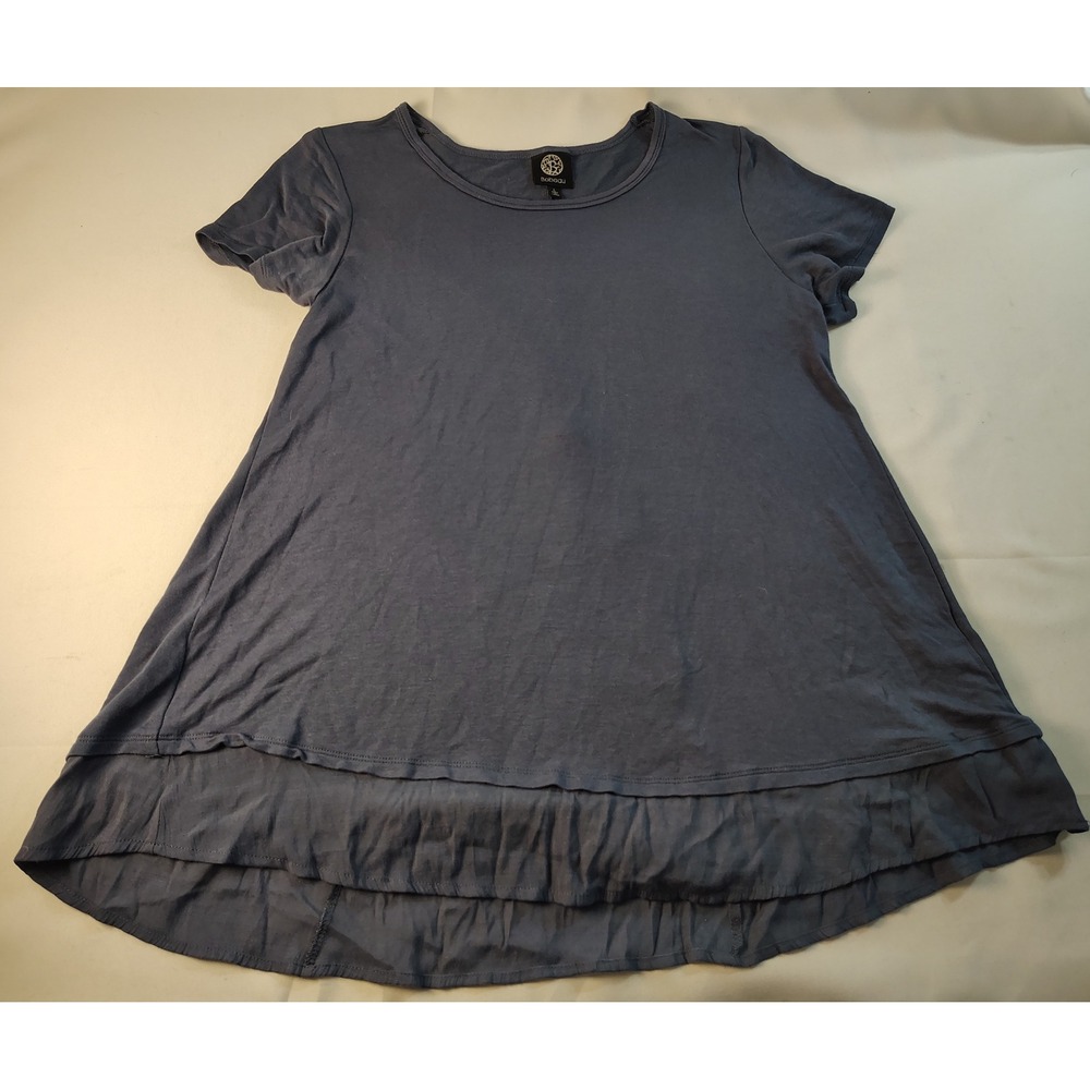 Bobeau Womens Blue Gray Short Sleeve Ruffle Hem Button Back Tunic Top Large
